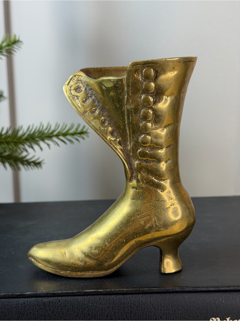 Vintage Solid Brass Victorian Lady Boot Shoe Vase Planter 6”